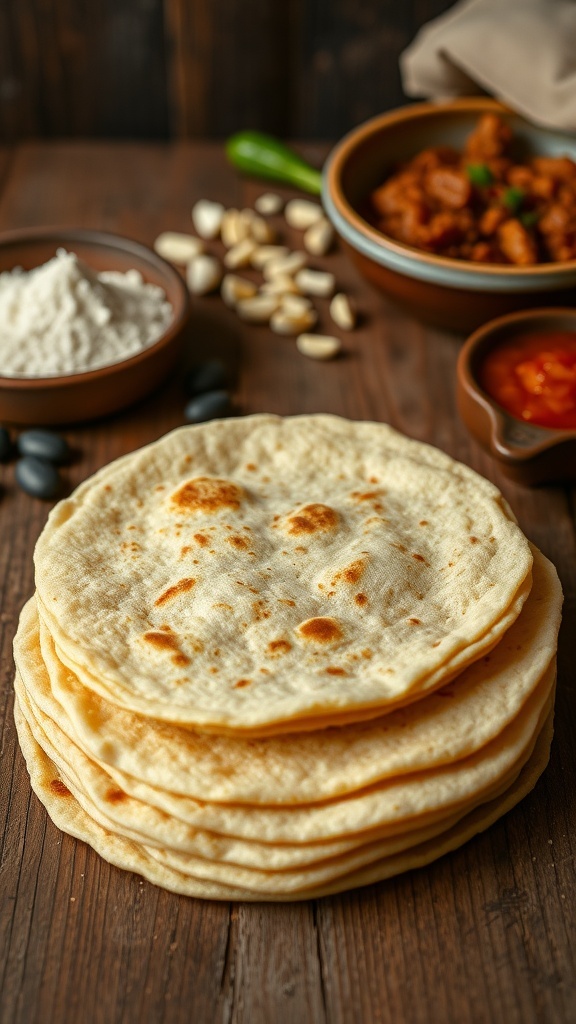 A stack of homemade corn tortillas on a wooden table with masa harina and salsa.